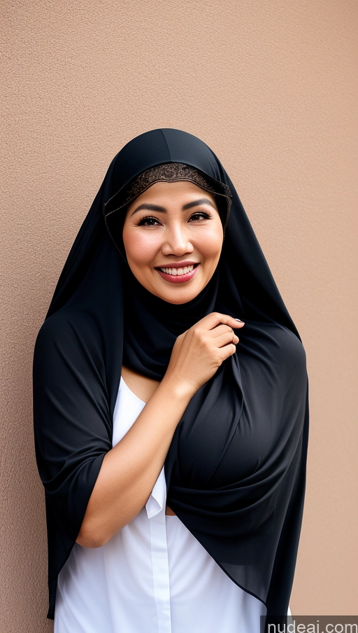 ai nude image of arafed woman in a black scarf and white shirt posing for a picture pics of Woman One Perfect Boobs Skinny Fat 70s Happy Black Hair Long Hair Indonesian Skin Detail (beta) Front View Niqab Bright Lighting Casual