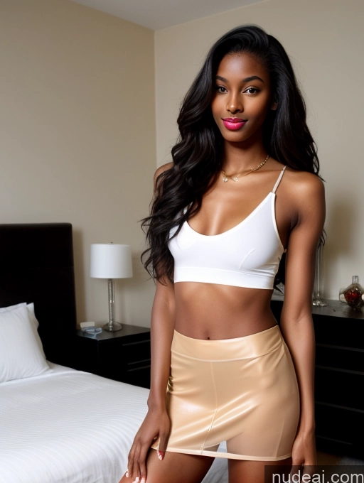 ai nude image of there is a woman in a short skirt standing in a bedroom pics of 18 Nigerian Small Tits Lipstick Small Ass Perfect Body Long Legs Tanned Skin Tall Dark Skin Long Hair Black Hair Front View High Heels Bedroom Transparent Mini Skirt