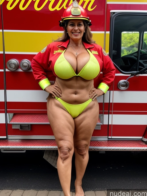 ai nude image of arafian woman in a bikini and fireman hat posing in front of a fire truck pics of Milf 70s Brazilian Firefighter Microkini Front View Busty Huge Boobs Stage