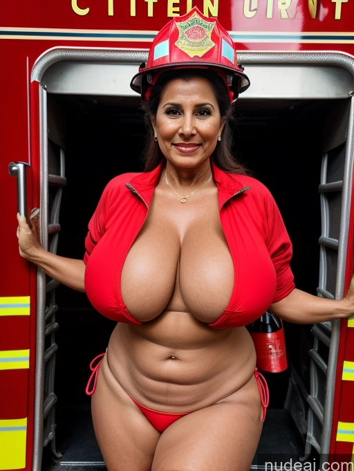 ai nude image of araffe woman in a fireman's uniform posing in front of a fire truck pics of Milf Busty Huge Boobs Indian 70s Microkini Firefighter Front View Stage