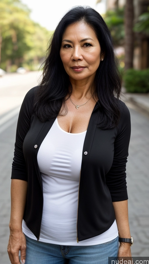 ai nude image of woman with long black hair and white shirt standing on a sidewalk pics of One Perfect Boobs Skinny Fat Black Hair Long Hair Indonesian Skin Detail (beta) Front View Casual Bright Lighting Milf 50s