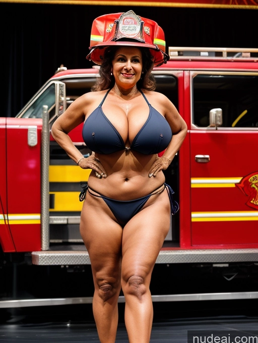 ai nude image of arafed woman in a bikini and a fire truck in the background pics of Milf Busty Huge Boobs Indian 70s Microkini Firefighter Front View Stage