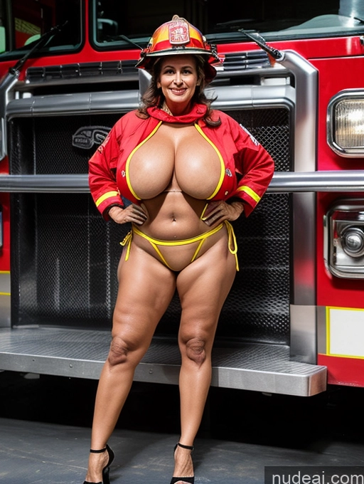 ai nude image of araffe posing in front of a fire truck with a big breast pics of Milf Busty Huge Boobs Indian 70s Microkini Firefighter Front View Stage