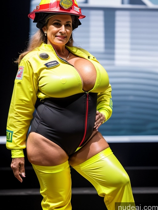 ai nude image of araffe dressed in a fireman's uniform poses for a picture pics of Milf 70s Brazilian Firefighter Microkini Front View Busty Huge Boobs Stage