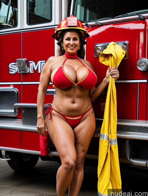 ai nude image of araffe woman in a bikini and fireman hat posing in front of a fire truck pics of Milf Busty Huge Boobs Indian 70s Microkini Firefighter Front View Stage