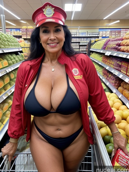 ai nude image of arafed woman in a red jacket and a hat standing in a grocery store pics of Milf 70s Brazilian Microkini Front View Busty Huge Boobs Grocery Firefighter