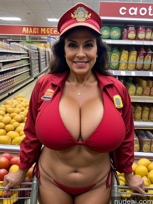 ai nude image of arafed woman in a red uniform posing in a grocery store pics of Milf Busty Huge Boobs 70s Microkini Firefighter Front View Brazilian Grocery