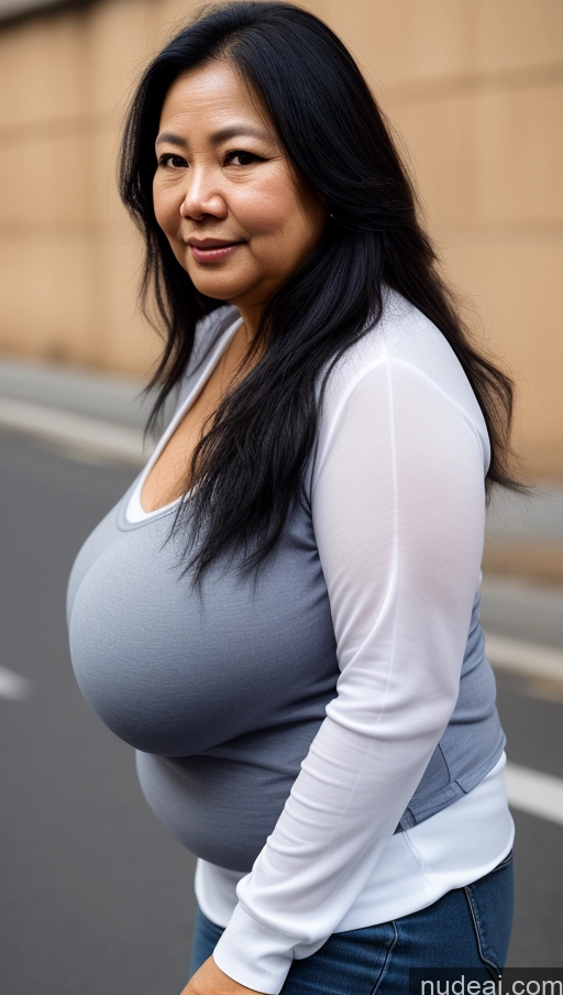 ai nude image of pregnant woman in a white shirt and jeans standing on a street pics of One Perfect Boobs Fat Black Hair Long Hair Indonesian Skin Detail (beta) Front View Casual Bright Lighting Woman 60s