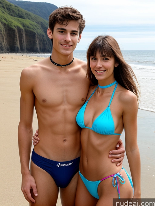 ai nude image of they are two people standing on the beach together in bikinis pics of Woman + Man Small Tits Beautiful Skinny Small Ass 18 Brunette Bangs British Beach Bikini Choker