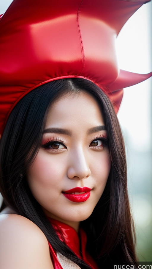 ai nude image of araffe woman wearing a red hat and red lipstick pics of Woman Huge Boobs Beautiful Lipstick Big Ass Fairer Skin 30s Happy Seductive Black Hair Slicked Korean Close-up View Devil Bright Lighting Sexy Face