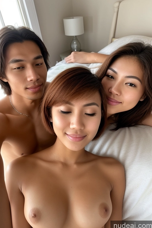 ai nude image of arafed asian couple with a naked woman lying on a bed pics of Woman + Man Two Perfect Boobs Beautiful Perfect Body Skinny Short Tanned Skin 18 Orgasm Ginger Bobcut Filipina Mirror Selfie Bedroom Front View On Back Nude Bright Lighting