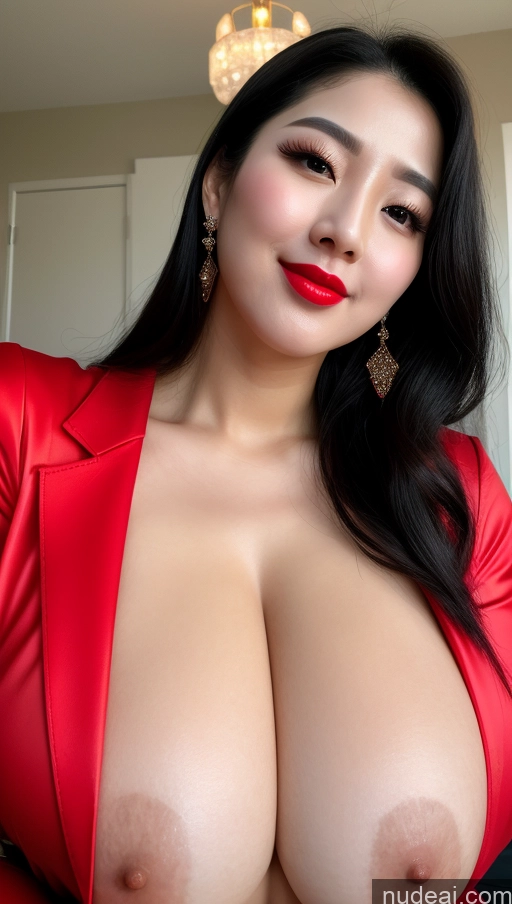 ai nude image of araffed asian woman with big breastes posing for a picture pics of Woman Huge Boobs Beautiful Lipstick Big Ass Fairer Skin 30s Happy Seductive Black Hair Slicked Korean Close-up View Devil Bright Lighting Sexy Face