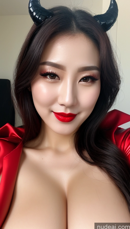 ai nude image of araffed asian woman with horns and red dress posing for a picture pics of Woman Huge Boobs Beautiful Lipstick Fairer Skin 30s Happy Seductive Black Hair Slicked Korean Close-up View Devil Bright Lighting Sexy Face