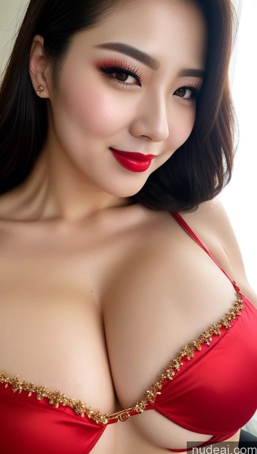 ai nude image of araffed asian woman in a red bralet posing for a picture pics of Woman Huge Boobs Beautiful Lipstick Fairer Skin 30s Happy Seductive Black Hair Slicked Korean Close-up View Devil Bright Lighting Sexy Face