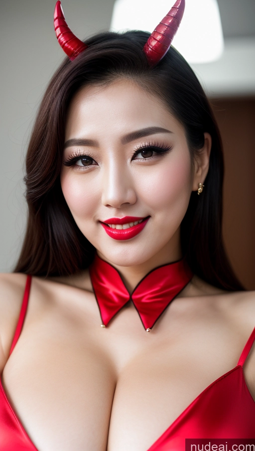 ai nude image of there is a woman in a red dress with horns on her head pics of Woman Huge Boobs Beautiful Lipstick Fairer Skin 30s Happy Seductive Black Hair Slicked Korean Close-up View Devil Bright Lighting Sexy Face