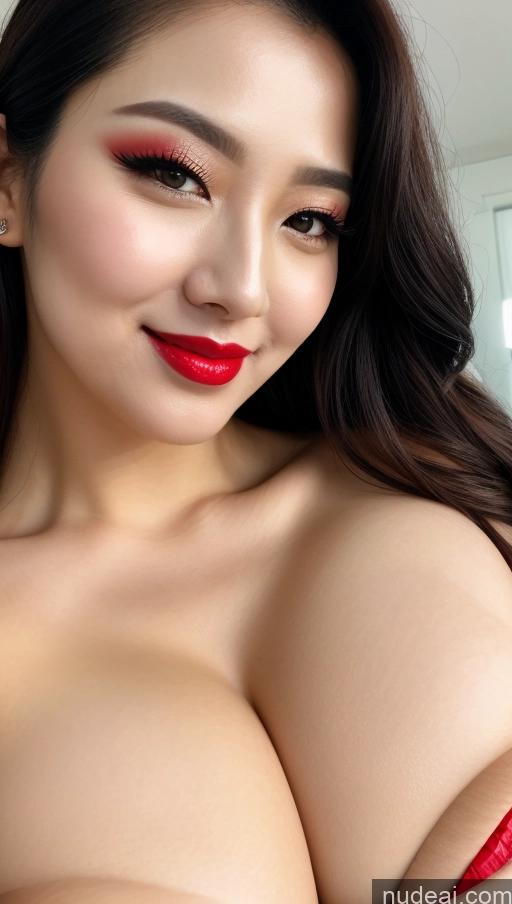 ai nude image of araffed asian woman with big breast posing for a picture pics of Woman Huge Boobs Beautiful Lipstick Fairer Skin 30s Happy Seductive Black Hair Slicked Korean Close-up View Devil Bright Lighting Sexy Face