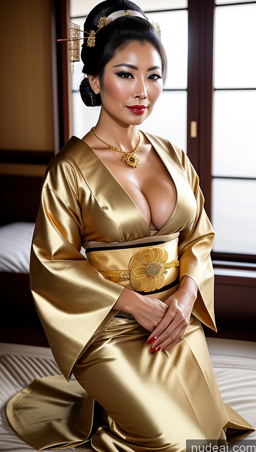 ai nude image of araffe woman in a gold kimono sitting on a bed pics of Woman Busty Pubic Hair Tanned Skin 60s Brunette Bobcut German Bedroom Front View Geisha Gold Jewelry Dark Lighting