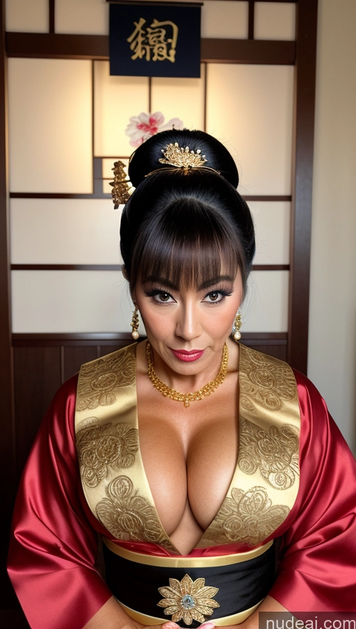 ai nude image of araffe woman in a red and gold dress posing for a picture pics of Busty Pubic Hair Tanned Skin 60s Brunette Bobcut German Bedroom Front View Geisha Gold Jewelry Dark Lighting Bodybuilder Bows