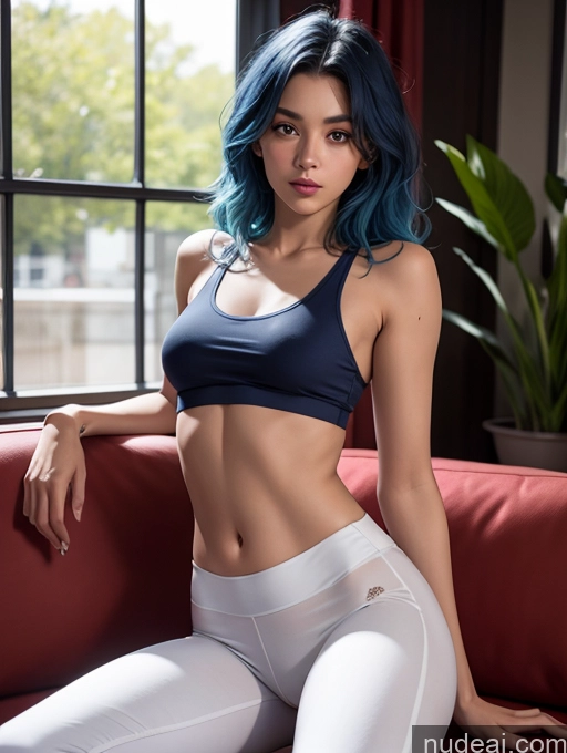 ai nude image of arafed woman with blue hair sitting on a red couch pics of Woman One Perfect Body 18 Couch White Small Tits Small Ass Tank Top Yoga Pants Blue Hair