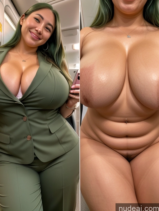 ai nude image of arafed woman in a green suit and a woman in a green suit pics of Woman Busty Beautiful Muscular Thick Chubby Fat Big Hips 30s Happy Straight Japanese Close-up View Flight Attendant Cleavage Jewelry Perfect Boobs Onoff Laughing Mirror Selfie Green Hair