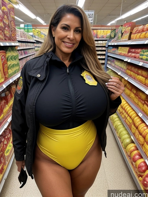 ai nude image of araffe in a black jacket and yellow bikini in a grocery store pics of Milf Busty Huge Boobs Brazilian Grocery 60s Microkini Firefighter