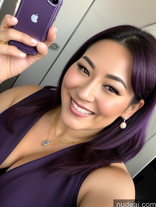 ai nude image of purple hair woman taking a selfie with her purple iphone pics of Woman Busty Beautiful Muscular Thick Chubby Fat Big Hips 30s Happy Straight Japanese Close-up View Flight Attendant Cleavage Jewelry Perfect Boobs Laughing Mirror Selfie Purple Hair Diamond Jewelry Gold Jewelry Pearl Jewelry