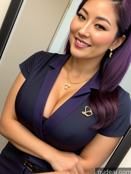 ai nude image of arafed woman with purple hair and a purple dress posing for a picture pics of Woman Busty Beautiful Muscular Thick Chubby Fat Big Hips 30s Happy Straight Japanese Close-up View Flight Attendant Cleavage Jewelry Perfect Boobs Laughing Mirror Selfie Purple Hair Diamond Jewelry Gold Jewelry Pearl Jewelry