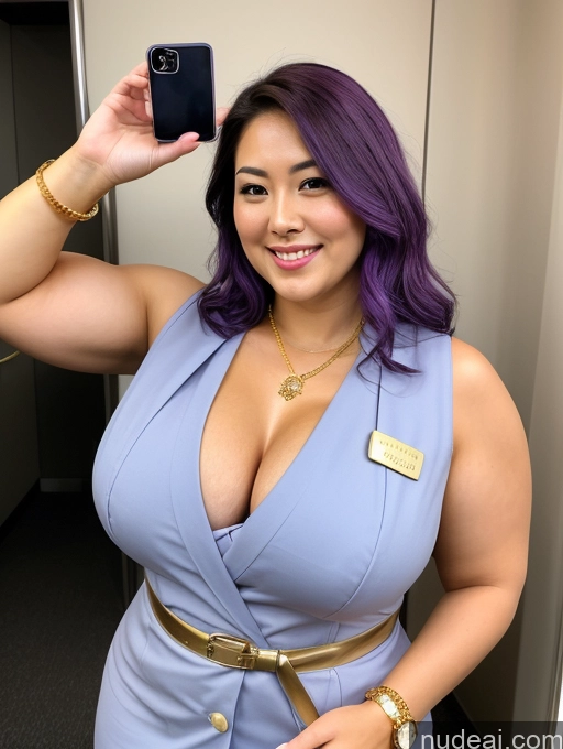 ai nude image of araffe woman in a blue dress taking a selfie with her cell phone pics of Woman Busty Beautiful Muscular Thick Chubby Fat Big Hips 30s Happy Straight Japanese Close-up View Flight Attendant Cleavage Jewelry Perfect Boobs Laughing Mirror Selfie Purple Hair Diamond Jewelry Gold Jewelry Pearl Jewelry