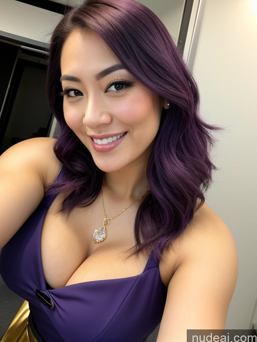 ai nude image of arafed woman with purple hair and a necklace posing for a picture pics of Woman Busty Beautiful Muscular Thick Chubby Fat Big Hips 30s Happy Straight Japanese Close-up View Flight Attendant Cleavage Jewelry Perfect Boobs Laughing Mirror Selfie Purple Hair Diamond Jewelry Gold Jewelry Pearl Jewelry