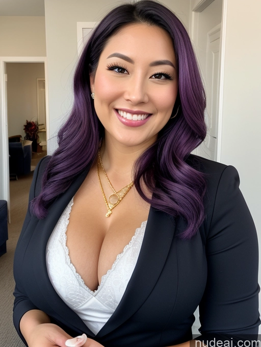 ai nude image of smiling woman with purple hair and a black blazer posing for a picture pics of Woman Busty Beautiful Muscular Thick Chubby Fat Big Hips 30s Happy Straight Japanese Close-up View Flight Attendant Cleavage Jewelry Perfect Boobs Laughing Mirror Selfie Purple Hair Diamond Jewelry Gold Jewelry Pearl Jewelry