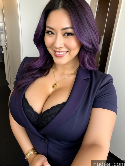 ai nude image of purple hair with a gold necklace and a purple dress pics of Woman Busty Beautiful Muscular Thick Chubby Fat Big Hips 30s Happy Straight Japanese Close-up View Flight Attendant Cleavage Jewelry Perfect Boobs Laughing Mirror Selfie Purple Hair Diamond Jewelry Gold Jewelry Pearl Jewelry