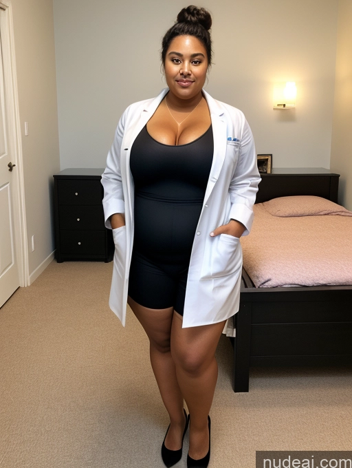 ai nude image of arafed woman in a black dress and white lab coat standing in a bedroom pics of Woman Perfect Boobs Big Ass Thick Chubby Fat Big Hips Perfect Body Tanned Skin 18 Black Hair Hair Bun Czech Bedroom Doctor