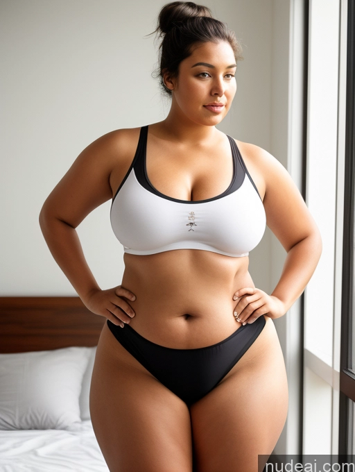 ai nude image of there is a woman in a white bra top and black panties pics of Woman Perfect Boobs Big Ass Thick Chubby Fat Big Hips Perfect Body 18 Black Hair Hair Bun Czech Bedroom Tanned Skin Tank Top Panties Crop Top