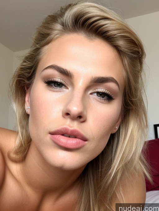 ai nude image of blond woman with a pink lip and a big breast laying on a bed pics of Athlete Two Busty Perfect Boobs Muscular Big Ass Abs Big Hips Perfect Body Pubic Hair Oiled Body Tanned Skin 18 Pouting Lips Sexy Face Blonde Messy Close-up View Blowjob