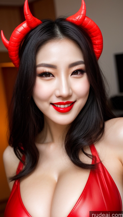 ai nude image of there is a woman in a red dress with horns on her head pics of Woman Huge Boobs Beautiful Lipstick Big Hips Long Legs Fairer Skin 30s Sexy Face Seductive Black Hair Slicked Korean Devil Bright Lighting Skin Detail (beta) Happy