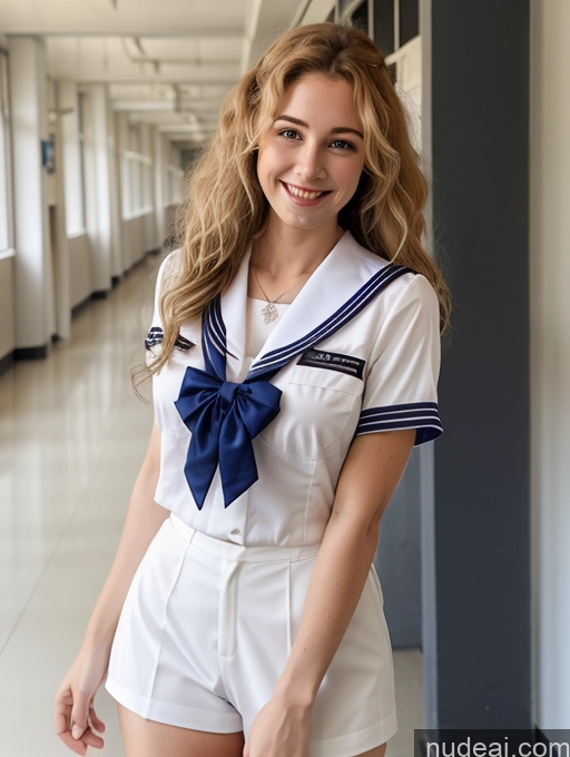 Model Perfect Boobs 30s Happy Blonde Curly Hair German School Hallway JK Uniform Partially Nude Cleavage