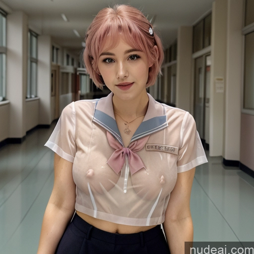 related ai porn images free for Model Perfect Boobs 30s Happy German School Hallway JK Uniform Pink Hair Short Hair Wet T-Shirt