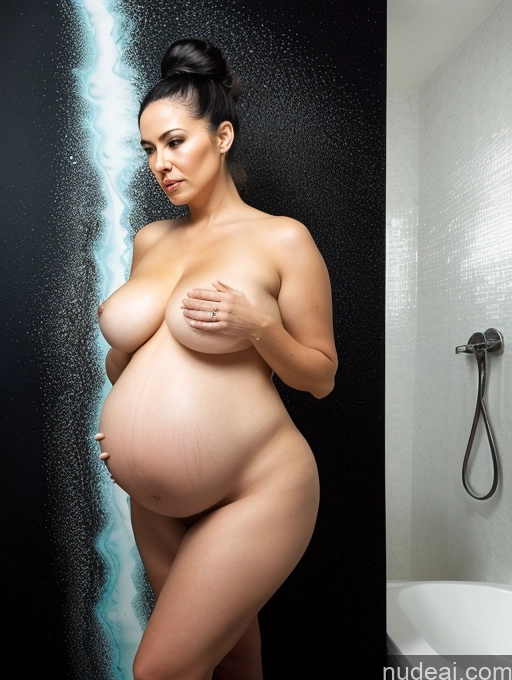 ai nude image of pregnant woman in a shower with a shower head and a shower head pics of Milf Small Tits Big Hips Big Ass Pregnant 40s Sexy Face Black Hair Latina Hair Bun Surrealist Bathroom Front View Nude