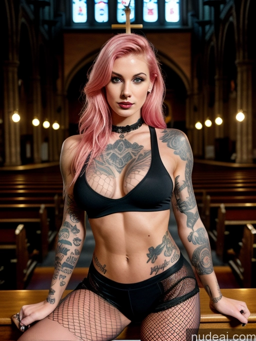 ai nude image of arafed woman with pink hair and tattoos posing in a church pics of Athlete Perfect Boobs Beautiful Tattoos Muscular Fairer Skin Seductive Perfect Body Fishnet Goth French Straight Pink Hair Church