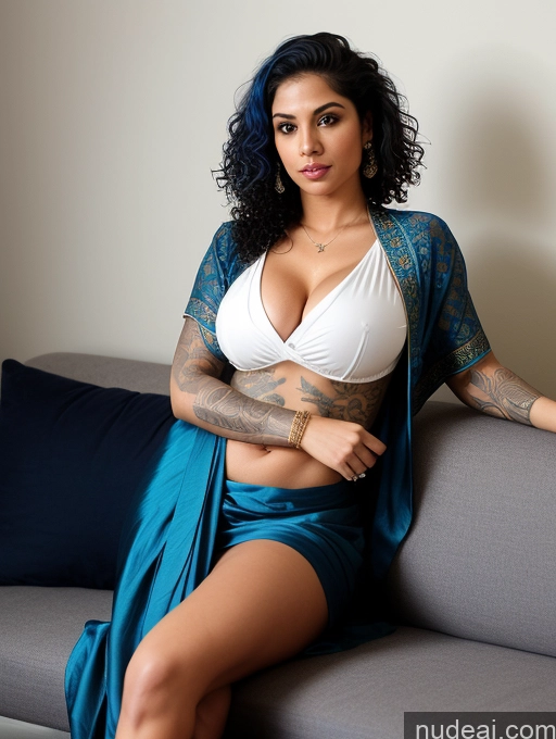 ai nude image of arafed woman with tattoos sitting on a couch in a room pics of Athlete Busty Beautiful Tattoos Abs Short Fairer Skin Perfect Body 20s Sexy Face Blue Hair Curly Hair Indian Blouse Sari Cleavage Dark Lighting Couch