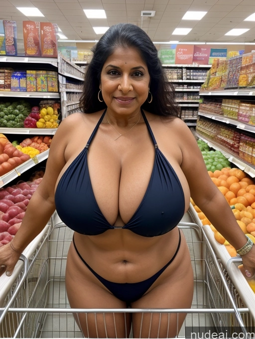 ai nude image of arafed woman in a bikini posing in a grocery store pics of Busty Huge Boobs Indian Grocery Microkini Front View 70s