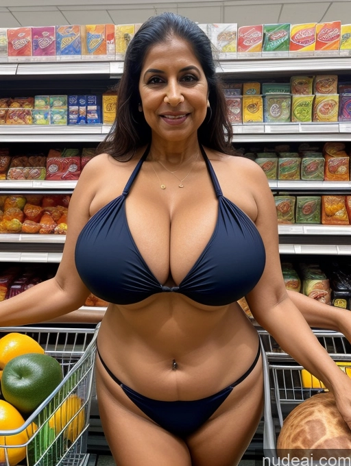 ai nude image of arafed woman in a bikini posing in a grocery store pics of Busty Huge Boobs Indian Grocery Microkini Front View 70s