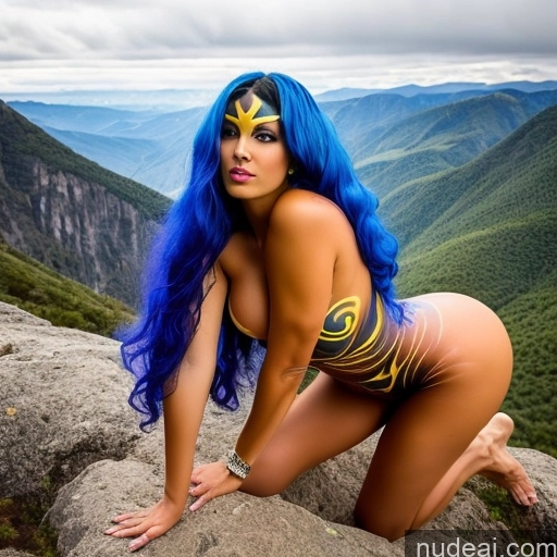 ai nude image of arafed woman with blue hair and a yellow and black body paint posing on a rock pics of One Perfect Boobs Big Ass Trans Girl With Erect Penis Long Hair Partially Nude Detailed 18 Bodypaint Woman Sexy Face Blue Hair Superhero White Mountains Surrealist