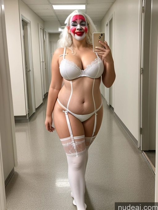 ai nude image of araffe dressed in white lingerie and stockings taking a selfie pics of Lingerie Model One Perfect Boobs Big Ass Thick Chubby Beautiful 30s White Hair Long Hair Czech Hospital Clown