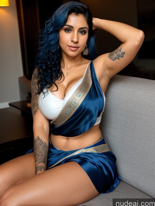 ai nude image of arafed woman with blue hair and tattoos sitting on a couch pics of Athlete Busty Beautiful Tattoos Abs Short Fairer Skin Perfect Body 20s Sexy Face Blue Hair Curly Hair Indian Blouse Sari Cleavage Dark Lighting Couch