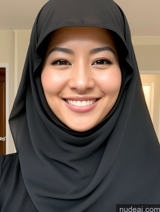 ai nude image of smiling woman wearing a black hijab and a black scarf pics of Woman One Small Tits 30s Happy Black Hair Curly Hair Asian Front View Niqab