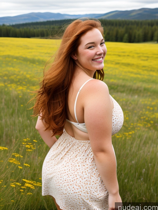 ai nude image of pregnant woman in a field of flowers smiling at the camera pics of Woman Chubby 18 Happy Ginger Long Hair One Huge Boobs Fat Irish Sundress Meadow Bending Over Back View