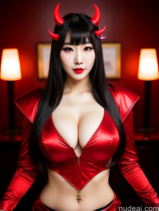 ai nude image of araffe dressed in a red outfit with horns and a red dress pics of Korean Perfect Boobs Devil