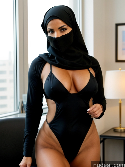 ai nude image of araffe wearing a black hijab and a black bodysuit pics of Milf One Busty Perfect Boobs Muscular Abs Big Hips Perfect Body 40s Film Photo Office Front View Sexy Face Beautiful Niqab