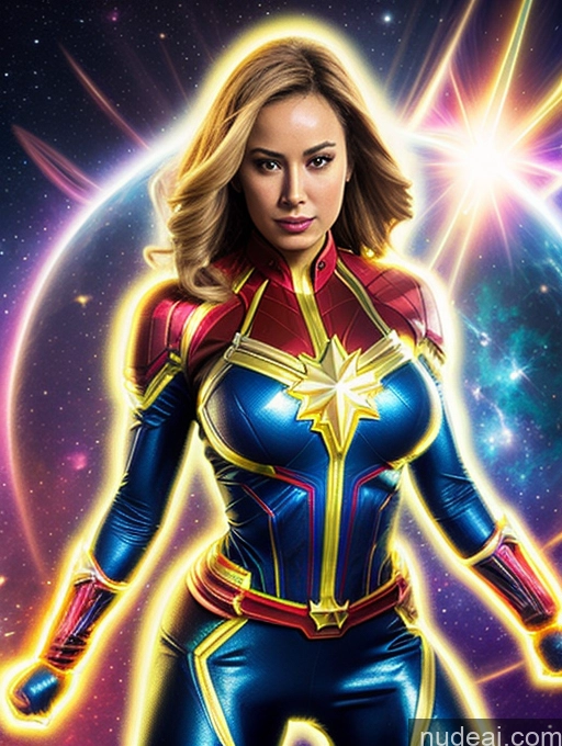 related ai porn images free for Busty Muscular Cosplay Superhero Science Fiction Style Neon Lights Clothes: Yellow Captain Marvel Superheroine Powering Up Heat Vision Dynamic View Space